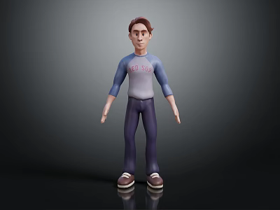 Cartoon 3D Character Wearing Red Spy Shirt Blue Pants Brown Shoes Standing On Dark Background 3d model
