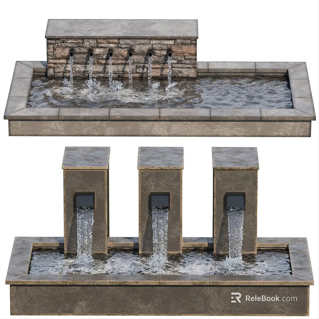 Garden Water Features with Brick Wall and Three Square Columns Water Flowing into Pool Basin 3d model 