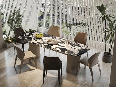 Modern Dining Table Set With Marble Top Chairs And Green Plants Near Blinds 3d model