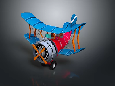 Colorful Toy Biplane With Blue Wings Red Fuselage Silver Propeller And Orange Struts 3d model