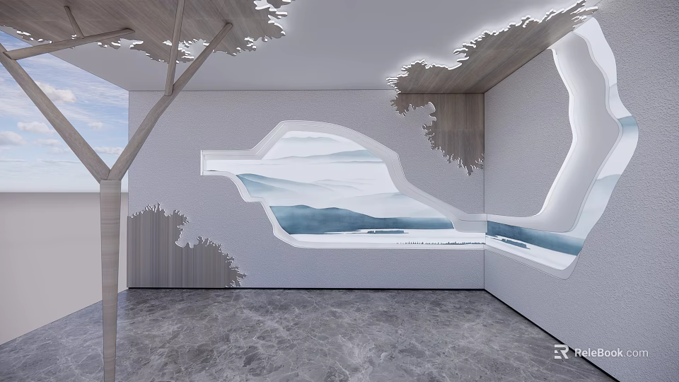 Modern Window Showcase Design With Landscape Mural And Ambient Lighting 3d model 
