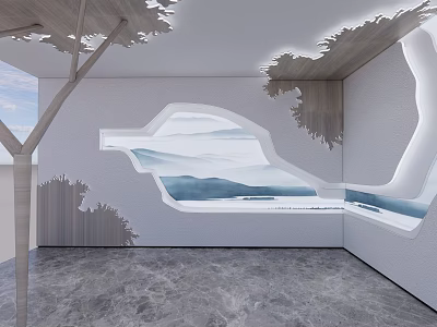 Modern Window Showcase Design With Landscape Mural And Ambient Lighting 3d model