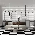 Elegant Modern Boutique Store With Arched Doorways Round Pendant Lights Sofa Display Shelves Checkered Floor