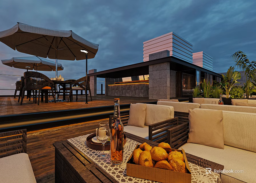 Rooftop Bar Outdoor Lounge With Sofa Table Wine Bread Umbrella And Evening View 3d model 