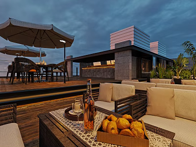 Rooftop Bar Outdoor Lounge With Sofa Table Wine Bread Umbrella And Evening View 3d model