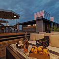 Rooftop Bar Outdoor Lounge With Sofa Table Wine Bread Umbrella And Evening View