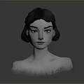 3D Female Character Bust Model With Black Hair Fur Shoulders And Gray Background
