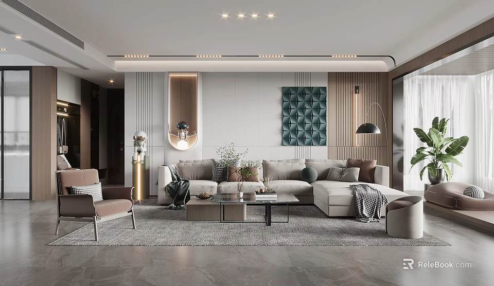Modern Living Room Interior With Beige Sofa Coffee Table And Green Decorative Art 3d model 