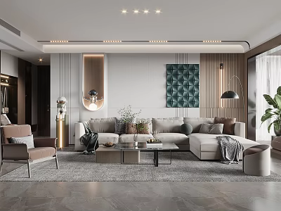 Modern Living Room Interior With Beige Sofa Coffee Table And Green Decorative Art 3d model