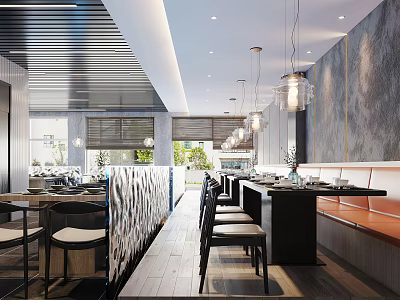 Modern Restaurant Interior With Dining Tables Chairs Pendant Lights And Decorative Walls 3d model