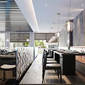 Modern Restaurant Interior With Dining Tables Chairs Pendant Lights And Decorative Walls
