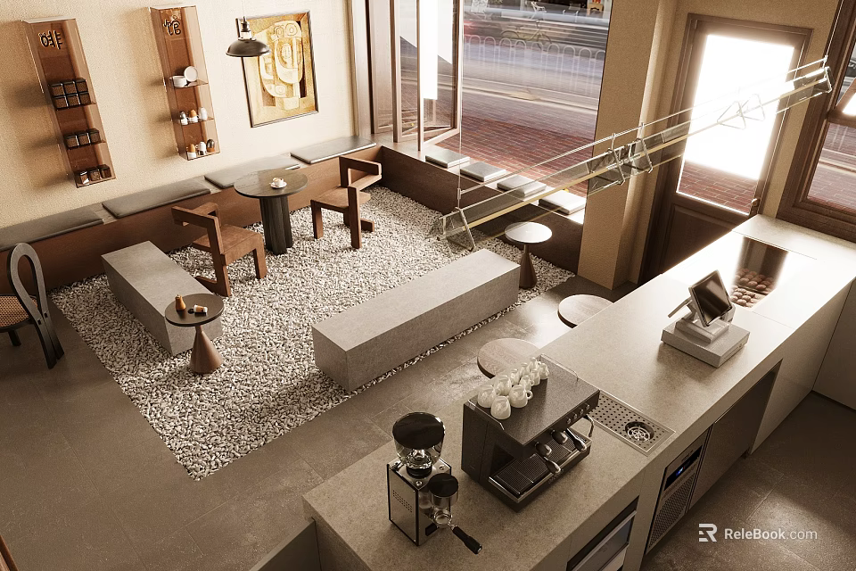 Modern Cafe Interior With Comfortable Seating Bar Counter Coffee Machines Decorative Art And Natural Light 3d model 
