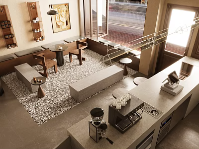 Modern Cafe Interior With Comfortable Seating Bar Counter Coffee Machines Decorative Art And Natural Light 3d model