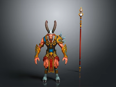 Mythical Horned Character And Red Skin Creature With Decorative Golden Armor Red Spear 3d model