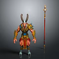 Mythical Horned Character And Red Skin Creature With Decorative Golden Armor Red Spear