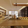 Traditional Chinese Study Room With Wooden Table Calligraphy Scrolls And Bookshelf