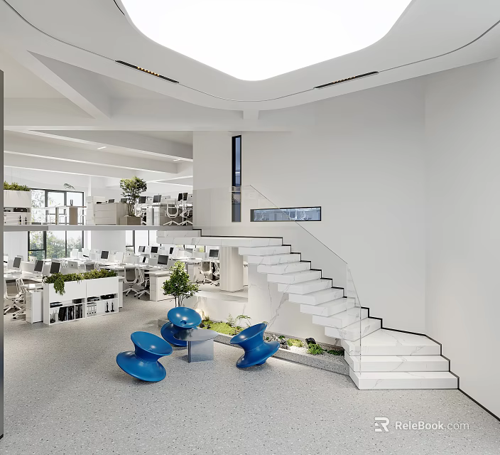 Modern Public Office Space With Open Layout Staircase Green Plants And Workstations 3d model
