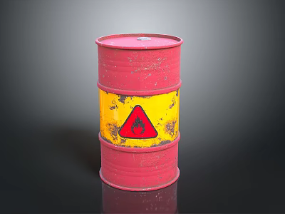 Rusty Red Industrial Oil Drum Container With Yellow Hazard Warning Label 3d model