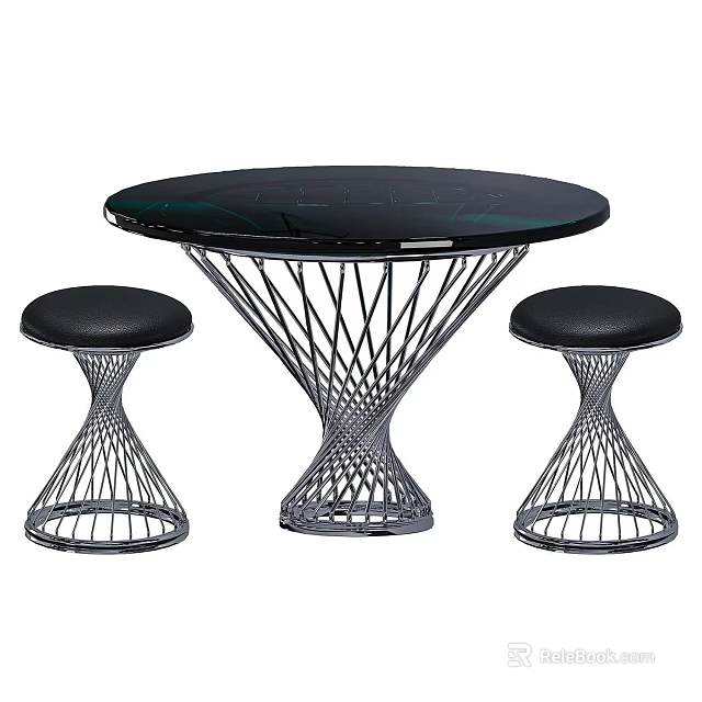 Modern Round Dining Table Set With Black Tabletop Metal Mesh Base And Two Stools 3d model 