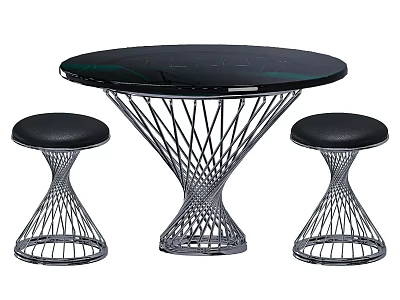 Modern Round Dining Table Set With Black Tabletop Metal Mesh Base And Two Stools 3d model