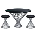 Modern Round Dining Table Set With Black Tabletop Metal Mesh Base And Two Stools