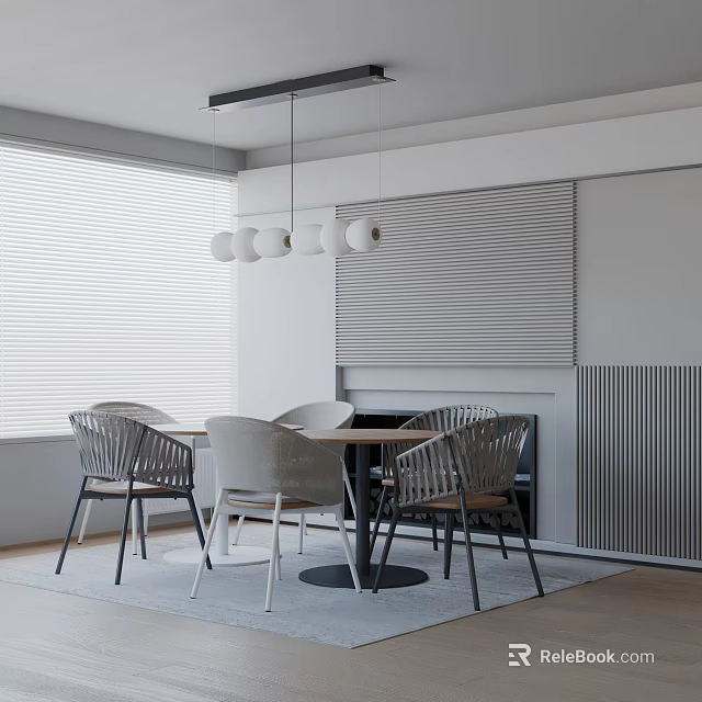 Modern Minimalist Dining Table Set With Chairs Pendant Lights And Window Blinds 3d model