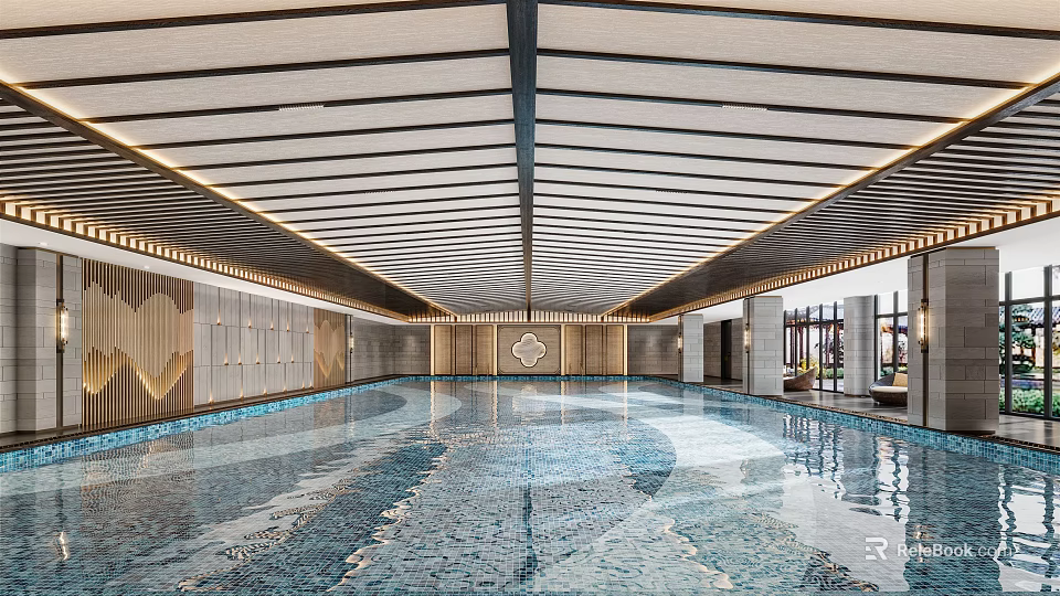 Modern Indoor Swimming Pool Interior With Spacious Pool And Stylish Ceiling Lighting Design 3d model