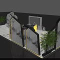Modern Exhibition Reception Desk With Marble Countertop Landscape Painting And Green Plant Decor