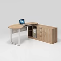 L Shaped Wooden Office Desk With Drawers Cabinets And Laptop On Top