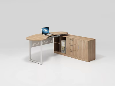 L Shaped Wooden Office Desk With Drawers Cabinets And Laptop On Top 3d model