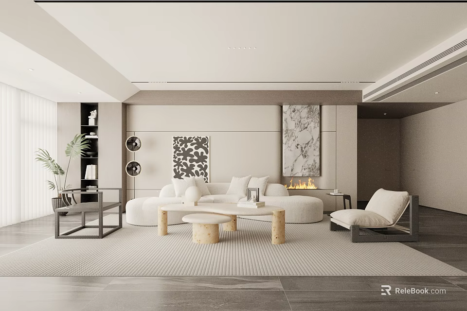 Modern Living Room Featuring White Sofa Wooden Coffee Tables Decorative Paintings Fireplace And Potted Plant 3d model 