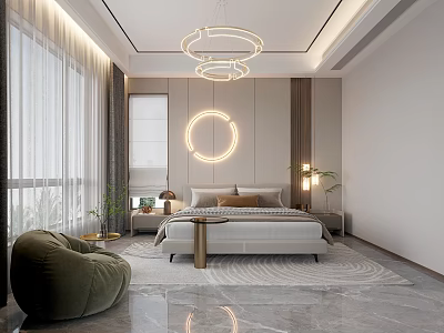 Modern Bedroom Interior With Round Pendant Lights King Size Bed Plush Chair And Area Rug 3d model