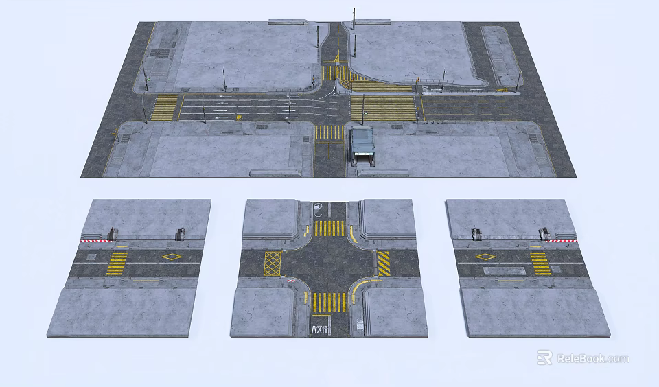 Detailed Road Infrastructure Layout with Intersection Traffic Markings Crosswalks and Lanes 3d model 