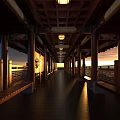 Traditional Chinese Garden Landscape Corridor With Red Pillars Wooden Structure Sunset Light And Bench