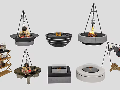 Campsite Featuring Various Fire Pit Designs With Grill Seating And Storage Shelves 3d model