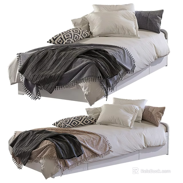 Modern Single Bed Design Featuring Patterned Pillows Gray Blankets And Beige Sheets 3d model