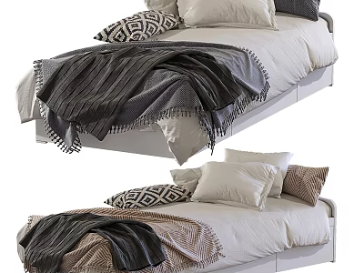 Modern Single Bed Design Featuring Patterned Pillows Gray Blankets And Beige Sheets 3d model