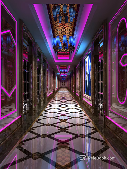 Modern KTV Corridor Interior With Neon Lighting Mirror Walls And Stylish Decor Design 3d model 