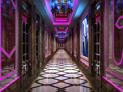 Modern KTV Corridor Interior With Neon Lighting Mirror Walls And Stylish Decor Design 3d model