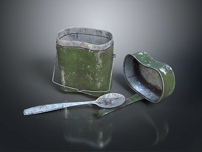 Vintage Green Rusty Metal Tableware Set with Two Containers and a Spoon 3d model