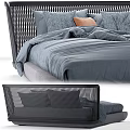 Double Bed With Wicker Headboard Gray Bedspread And Soft Throw Pillows 3d model