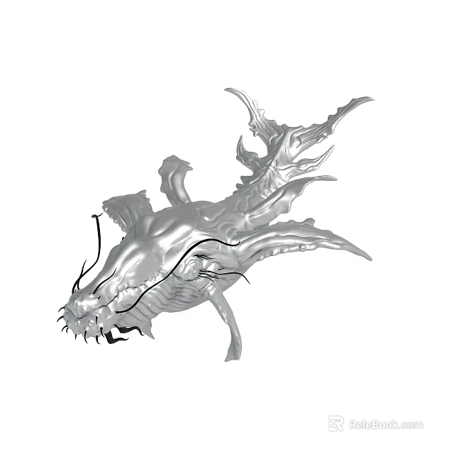 Silver Mythical Creature With Metallic Texture Sharp Teeth And Multiple Fins 3d model 