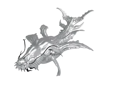 Silver Mythical Creature With Metallic Texture Sharp Teeth And Multiple Fins 3d model