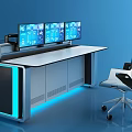 Modern Console Desks With Multiple Monitor Screens Office Chair And Blue Lighting