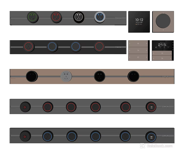 Assorted Modern Switch Panels With Colorful Buttons And Different Surface Finishes 3d model