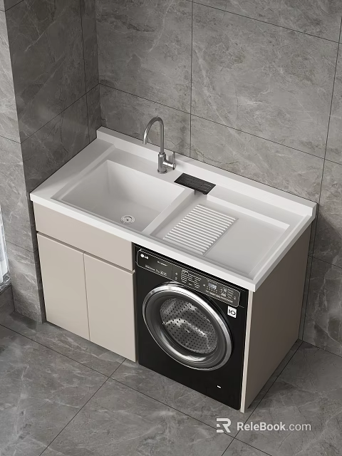Modern Laundry Cabinet With Sink Countertop Faucet Washing Machine And Tile Wall 3d model 