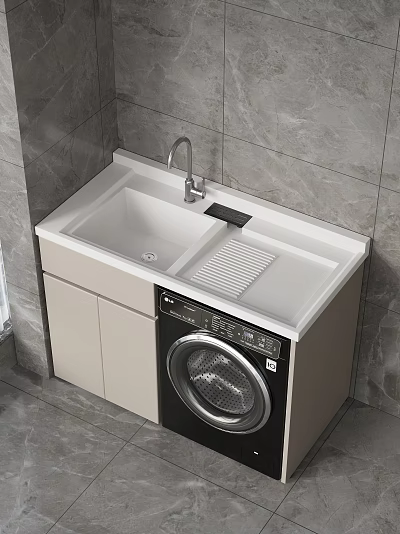 Modern Laundry Cabinet With Sink Countertop Faucet Washing Machine And Tile Wall 3d model