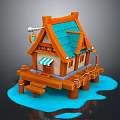 Cute Waterfront Cottage With Blue Tiled Roof Orange Frame Striped Awning Wooden Dock And Steps
