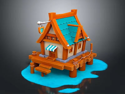 Cute Waterfront Cottage With Blue Tiled Roof Orange Frame Striped Awning Wooden Dock And Steps 3d model
