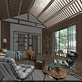 Chinese Style Hotel Guest Room With Wooden Ceiling Natural Light And Green Plants